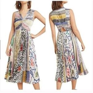 Anthropologie Geisha Designs Jacinta Patchwork Satin Pleated Maxi Dress Size 0